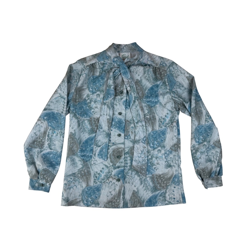 Ina Carol Vintage Blouse Womans 12 Blue Grey Feather Print